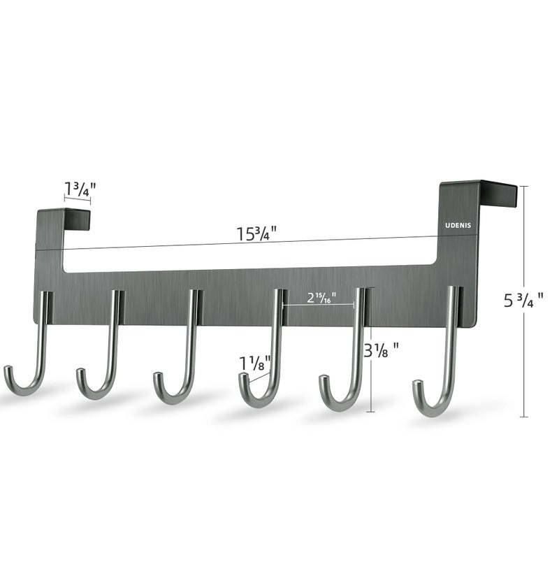 UDENIS Over Door Hanger, Metal Over The Door Hook Rack with 6 Hook for Hanging Towel Robe Coat Bathroom Bedroom, Towel Rails, Grey - Image 2